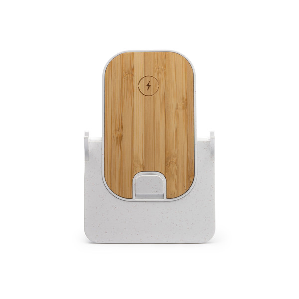Cargador inalámbrico plegable personalizado de fibra de trigo y bambú 10W con soporte multiposición