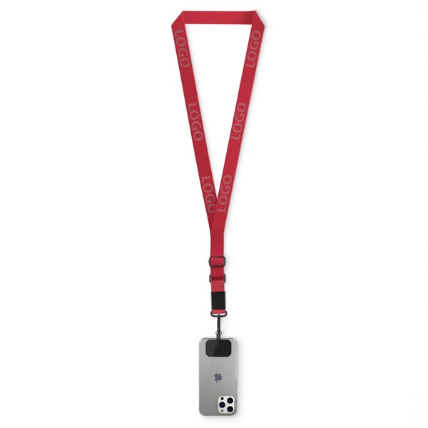 Suporte para telemóvel em forma de cruz feito de fita tecida com placa de metal gravada com o seu logótipo. Disponível em quantidades de 100 ou mais - Vermelho escarlate médio / Branco