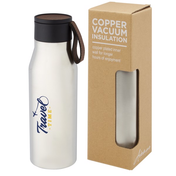 Garrafa de 500 ml de cobre isolada a vácuo em aço inoxidável com correia e tampa de couro PU "Ljungan" - Prateado