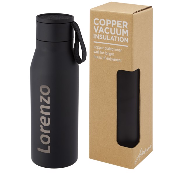 Ljungan 500 ml copper vacuum insulated stainless steel bottle with PU leather strap and lid - Black