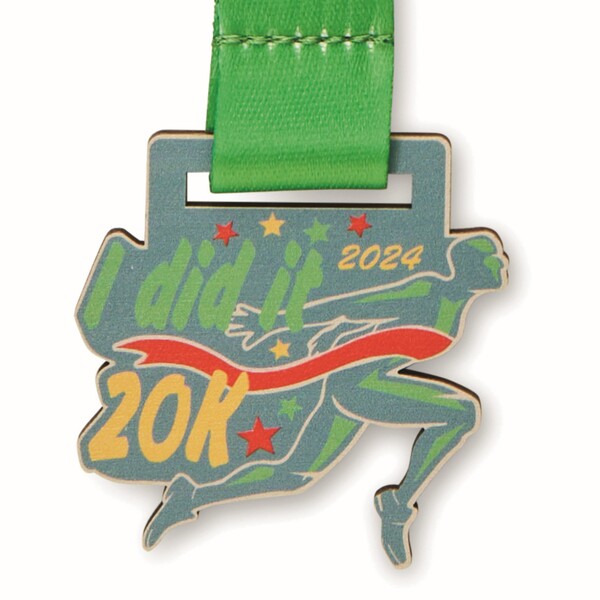 Custom shape wooden medal. Loop stitched. - 35mm width