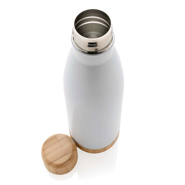 Vacuum stainless steel bottle with bamboo lid and bottom - White