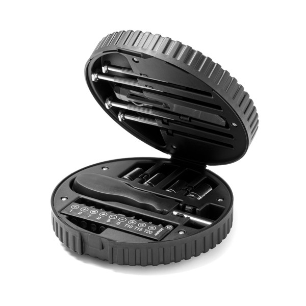 Personalised 20-piece tool set with wheel-shaped case