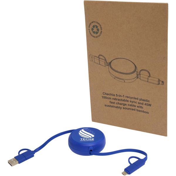 Câble rétractable 5 en 1 Alasia de 100 cm en plastique recyclé et aluminium pour la synchronisation des données et la charge - Bleu royal