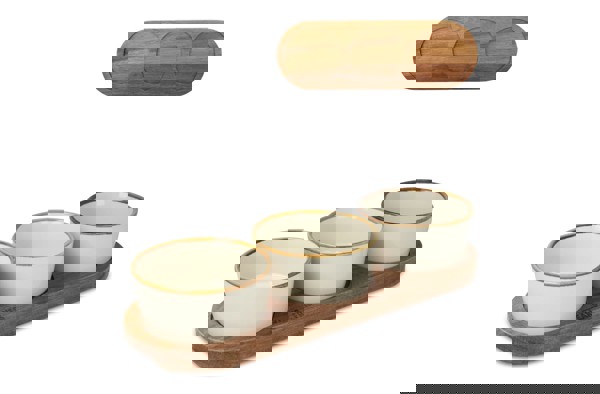 InSideOut Wooden stand with 3 ceramic round bowls - Ecru