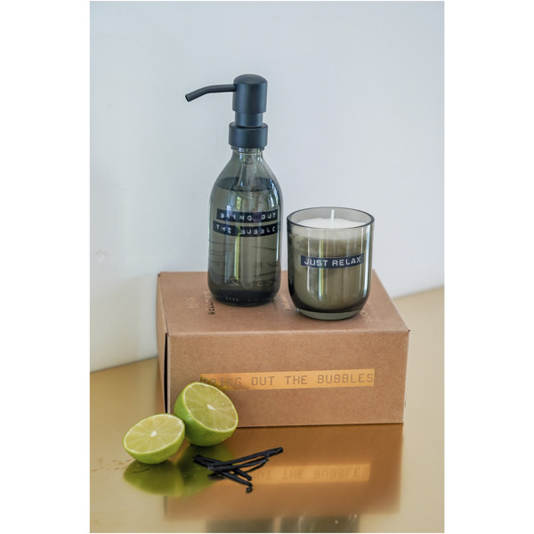 Distributeur de savon pour les mains de 200 ml et jeu de bougies parfumées de 150 g WELLmarkDiscovery - parfum ambré foncé