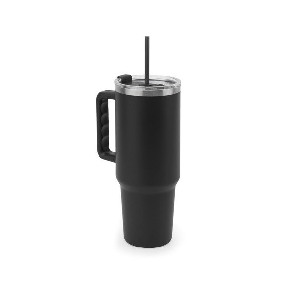 JOYNER XL. Veľký nerezový cestovný pohár (91% recyklovaný) s vákuovo izolovanou dvojitou stenou a matným povrchom 1300 mL - Čierna