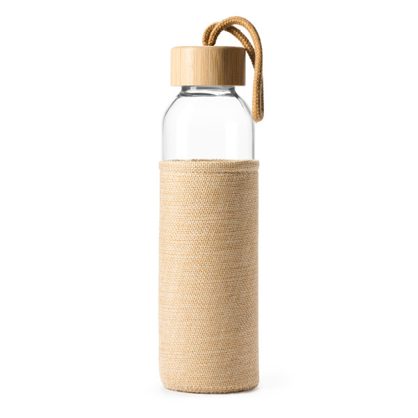 Personalised glass bottle 500 ml with jute sleeve and bamboo lid
