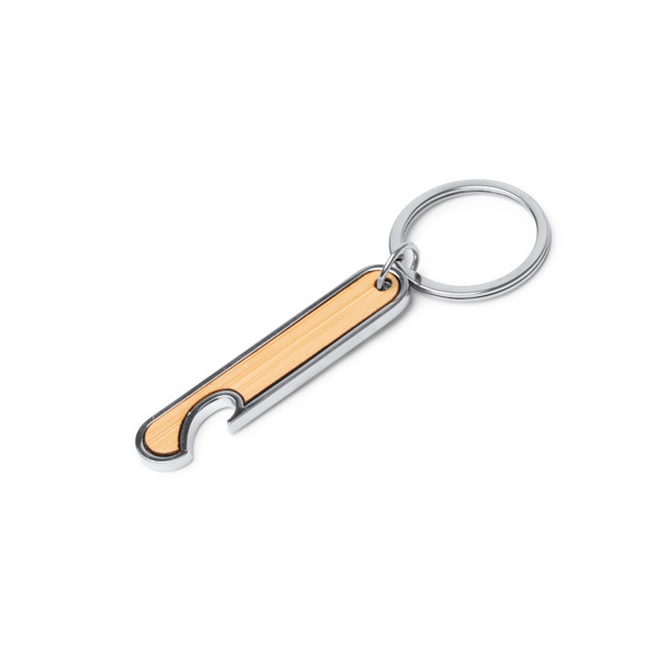 Personalised bottle opener keyring in steel and bamboo
