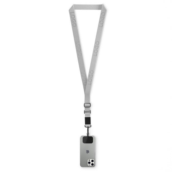 Suporte para telemóvel em forma de cruz feito de fita tecida com placa de metal gravada com o seu logótipo. Disponível em quantidades de 100 ou mais - Branco