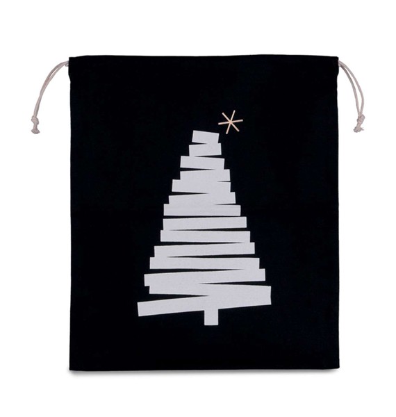 Cotton Bag With Christmas Tree Design And Drawcord Closure - Black
