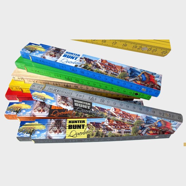 Zollstock 2 m „Der Bunte“ in 8 Farben, Buchenholz – inkl. 4-farbigem Digitaldruck