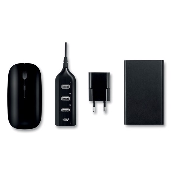 Powerset tehnična torbica, 4000 mAh power bank, USB hub - Črna