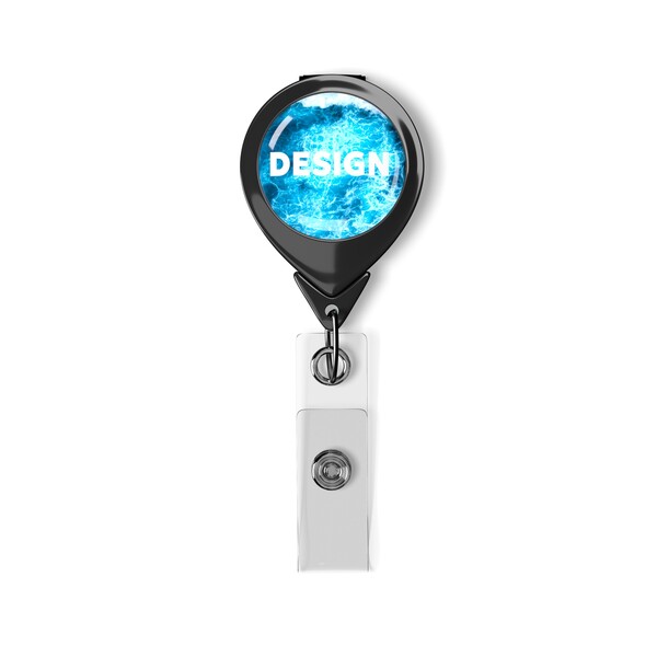 Retractable badge reel in waterdrop shape with ⌀2.5cm logo - Black