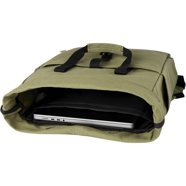 Sac à dos pour ordinateur portable Joey de 15 L en toile recyclée GRS 15 pouces avec dessus enroulable - Olive