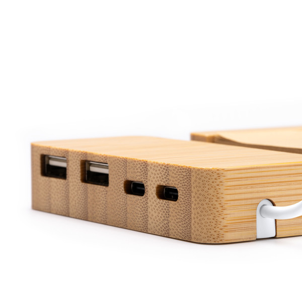Cargador USB hub personalizado de bambú con portanotas y bloc de notas