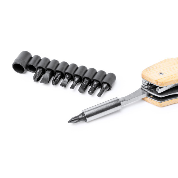 Multiherramienta personalizada de acero inoxidable y bambú 9 en 1 con destornillador, alicates y navaja
