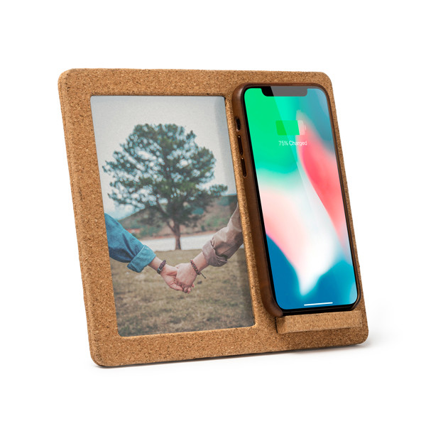 Cargador inalámbrico personalizado de corcho con marco para fotos 10x15 cm