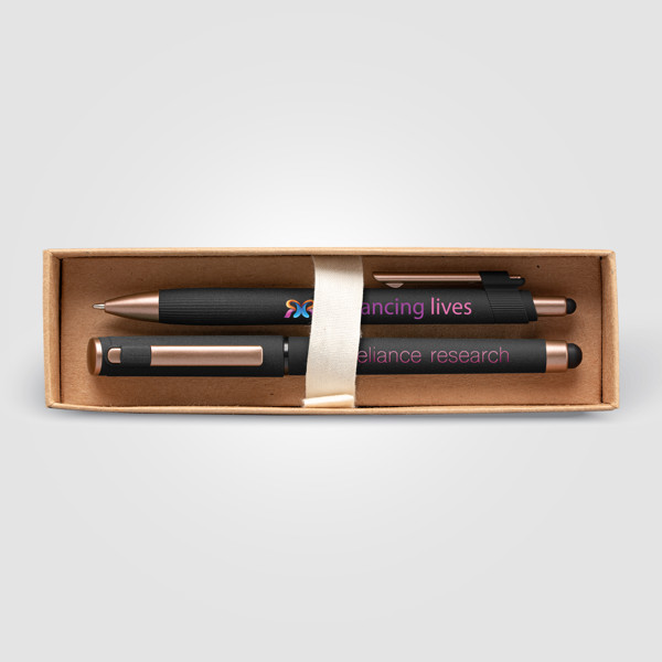 York Recycled Plastic Bronze Trim Pen Gift Set – Box Decorated - Black / 4 Colour inkjet