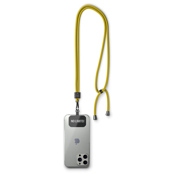 Moderno cordão cruzado para telemóvel em poliéster reciclado (rPET) de 2 tons - Branco / Dark Azure Blue / Acessórios prateados