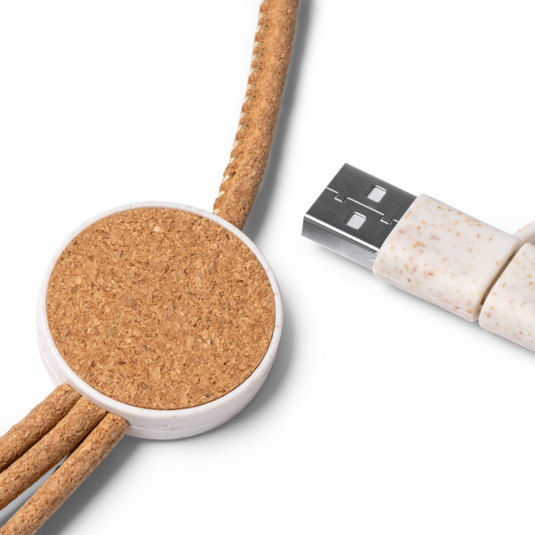 Cable cargador 5 en 1 personalizado de corcho y fibra de trigo 125 cm con conectores Tipo C, Micro USB y Lightning