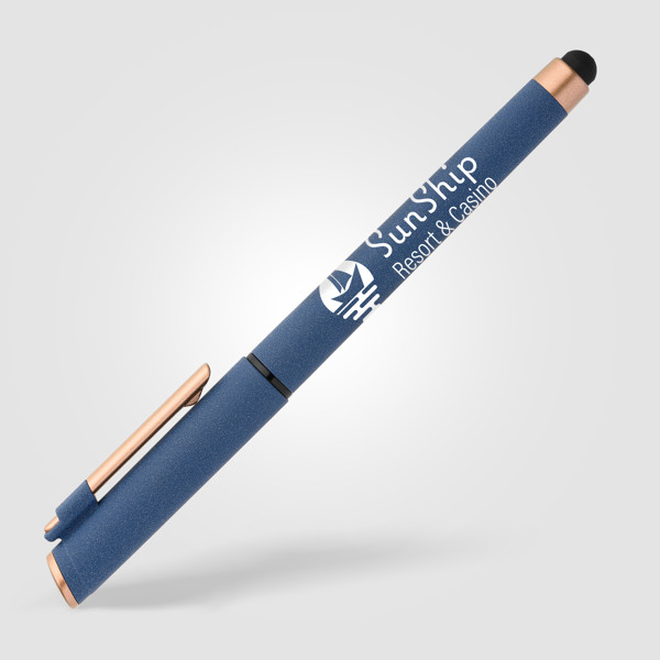 Stylo gel stylet York, plastique recyclé, finition bronze - Bleu marine / Jet d’encre 4 couleurs