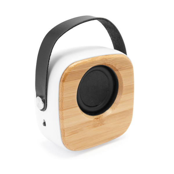 Altavoz inalámbrico personalizado de bambú y ABS 3W con asa de polipiel