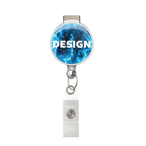 Carretel de crachá retrátil em forma redonda com o logótipo ⌀2,8cm - Cor integral / Branco / Bull dog clip