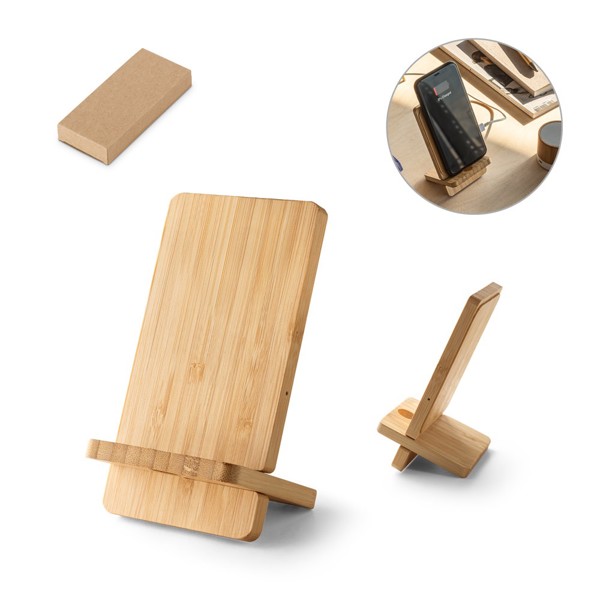 LANGE. Carregador wireless e suporte em bambu para smartphone