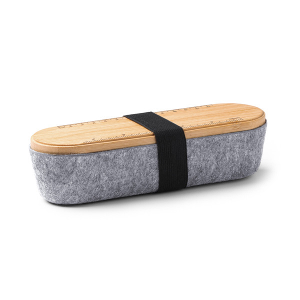 Personalised pencil case in bamboo and recycled felt with ruler lid and smartphone stand