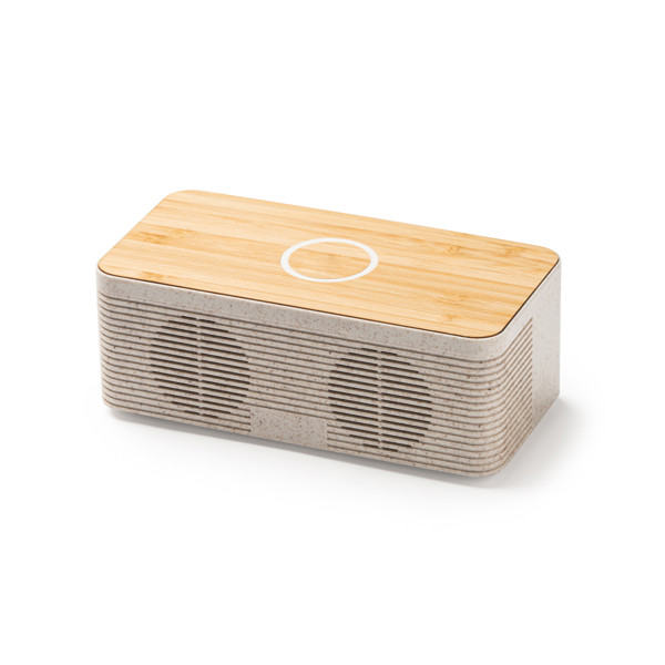 Altavoz inalámbrico personalizado de fibra de trigo y bambú 5W con carga inalámbrica 10W