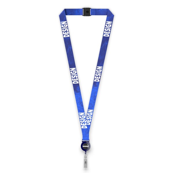 Lanyard de poliéster para crachá retrátil sublimado - Cor integral / Azul-marinho profundo / 15mm width / Fecho de segurança