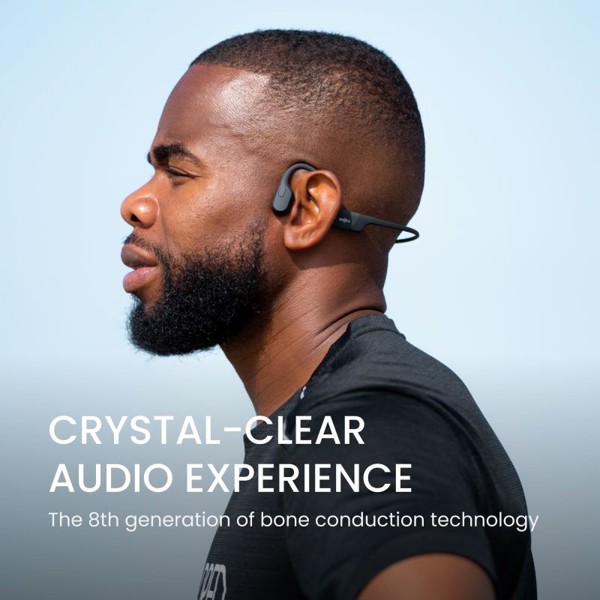 Shokz OpenRun USB-C Mini, Bluetooth headphones in front of the ears