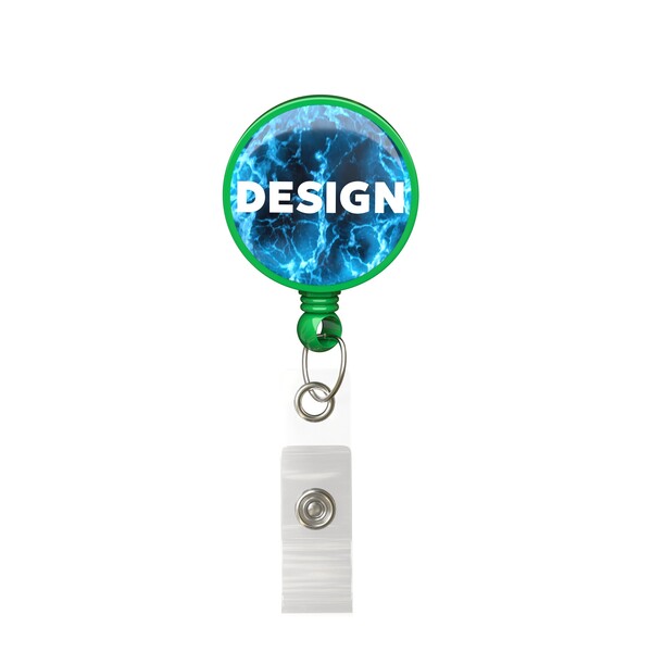 Retractable badge reel in round shape with ⌀2.8cm logo - Classic Green / Belt Clip