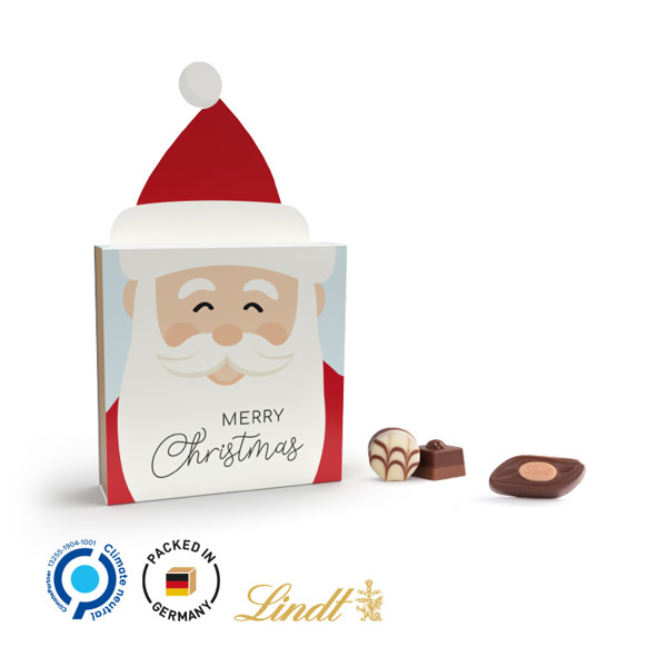 Lindt Präsent im Werbeschuber "Weihnachtsmütze", Lindt Mini Pralinés | Werbeschuber Weihnachtsmütze: Karton, weiß; Inlay: Kunststoff