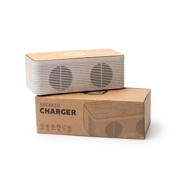 Altavoz inalámbrico personalizado de fibra de trigo y bambú 5W con carga inalámbrica 10W