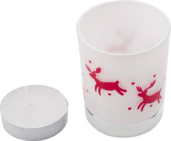 Glass candle holder with Christmas decorations - White