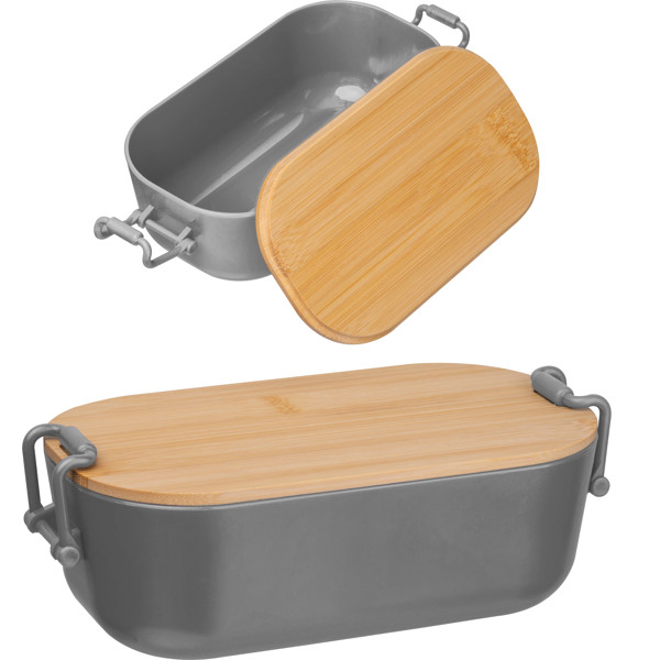 Lunchbox with bamboo lid and clamp closure. JAVIER - Silvergrey