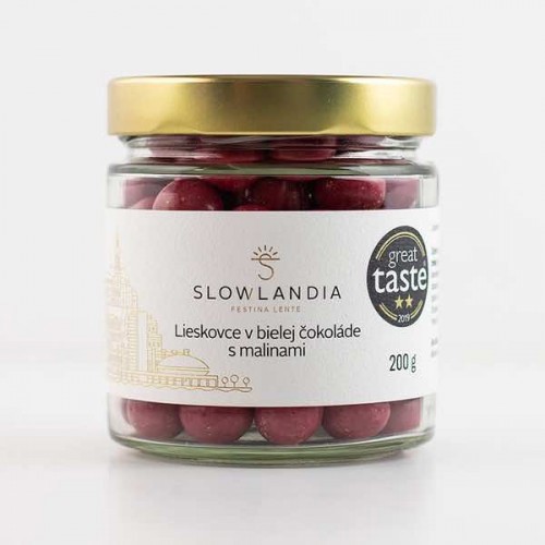 Lieskovce v bielej čokoláde s malinami 200g sklo