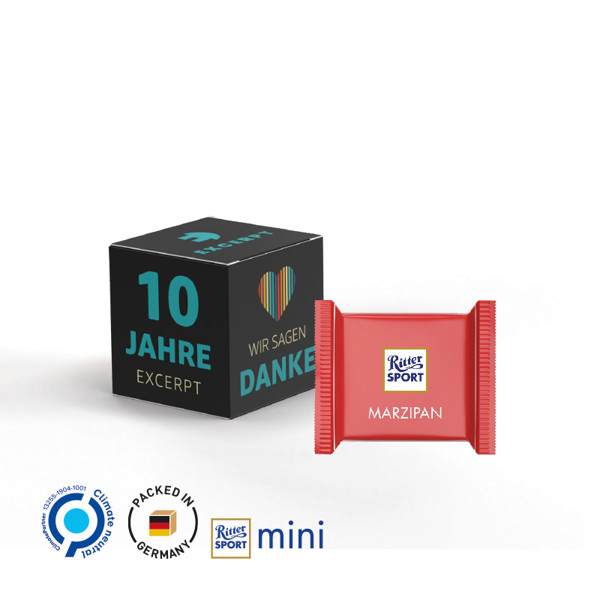 Werbewürfel, Weiß / Ritter Sport Mini Schokolade, Marzipan, 66 G