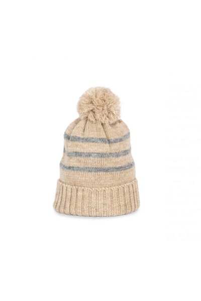 Knitted Striped Beanie In Recycled Yarn - Light Sand Heather / Light Grey Heather