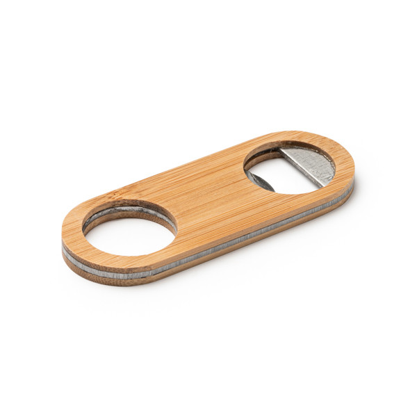 Personalised bottle opener in bamboo with stainless steel interior and hanging hole