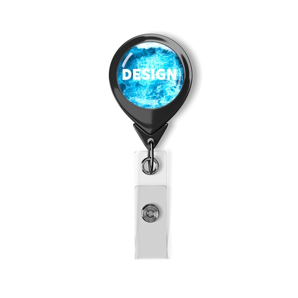 Retractable badge reel in waterdrop shape with ⌀2.5cm logo - Black