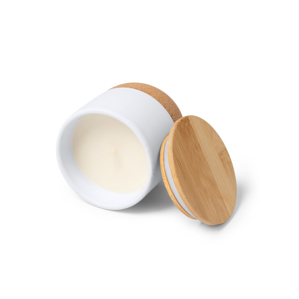 Vela aromática personalizada de cera vegetal en recipiente de cerámica con tapa de bambú