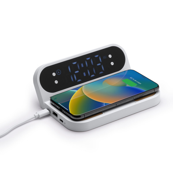 Cargador inalámbrico personalizado de ABS y bambú 10W con reloj y alarma