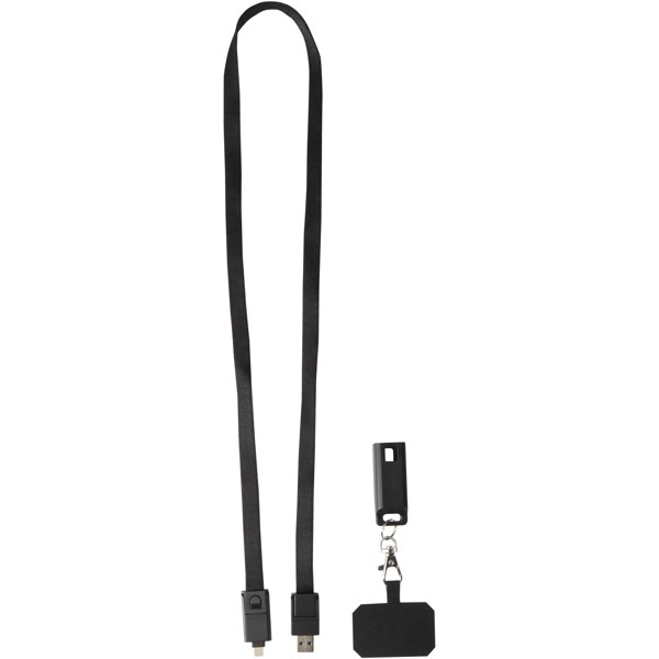 Tour de cou pour smartphone Franz en plastique recyclé avec synchronisation des données intégrée et câble 5 en 1 pour charge rapide de 65 W - Noir