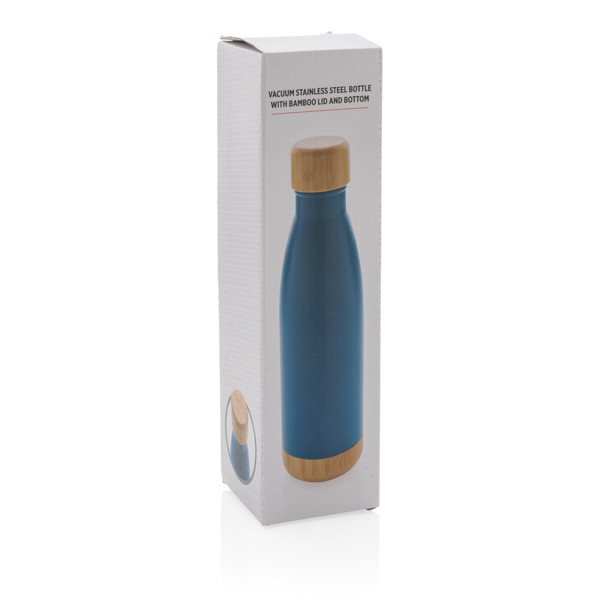 Vacuum stainless steel bottle with bamboo lid and bottom - Blue