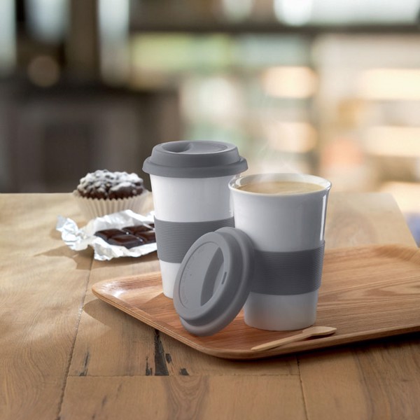 Tribeca ceramic mug, 400ml, silicone lid,sleeve - Grey