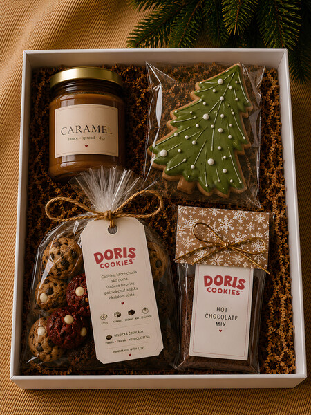 Darčeková krabička.  Domáci karamel, mix cookies, varená čokoláda, medovníček