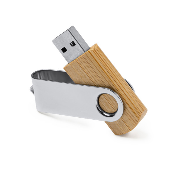 Personalised bamboo USB flash drive 16 GB with metal rotating clip